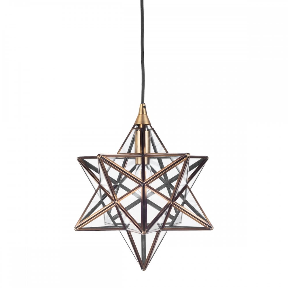 1 Light Star Pendant Antique Brass Glass Small