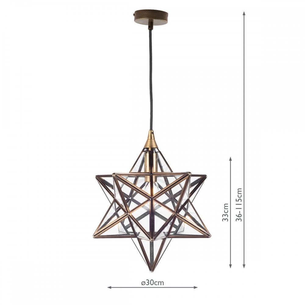 1 Light Star Pendant Antique Brass Glass Small