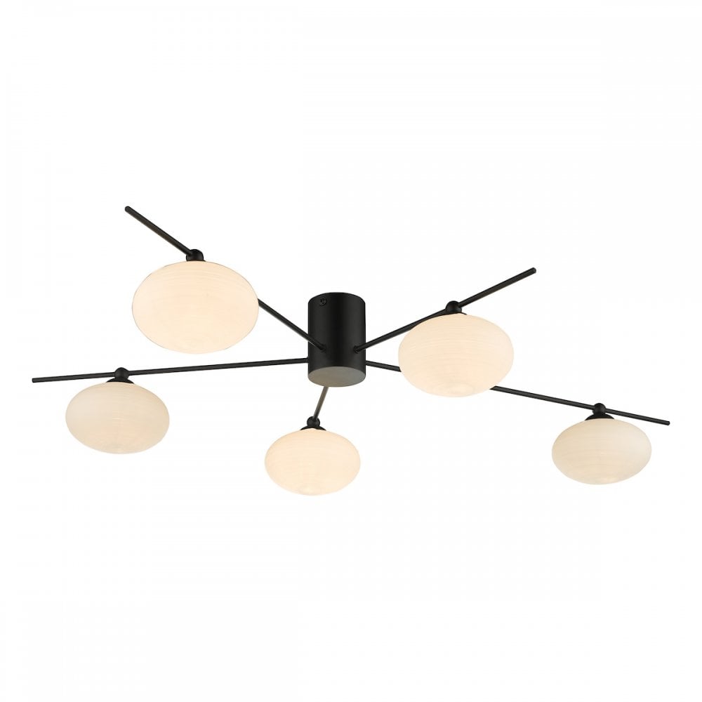 Jasper 5 Light Semi Flush Ceiling  Light Matt Black Opal Glass