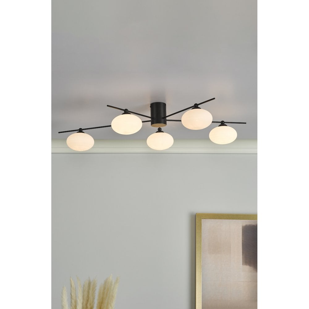 Jasper 5 Light Semi Flush Ceiling  Light Matt Black Opal Glass