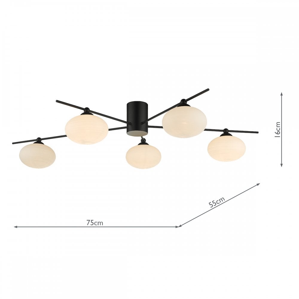 Jasper 5 Light Semi Flush Ceiling  Light Matt Black Opal Glass