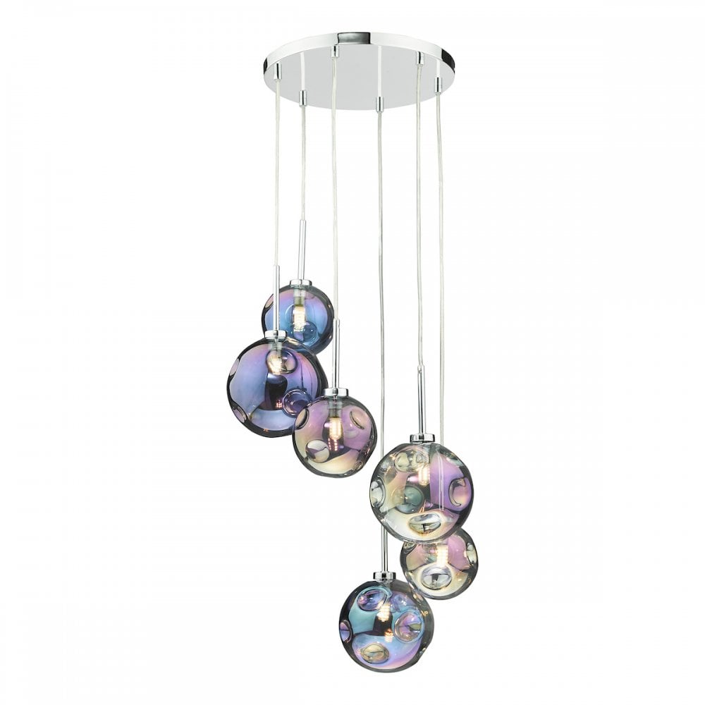 MIR0655 Mira 6 Light Cluster Pendant Polished Chrome Iridised Glass