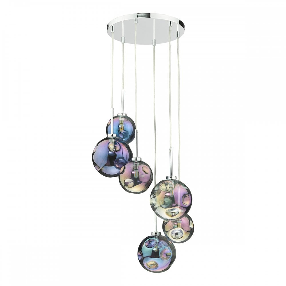 MIR0655 Mira 6 Light Cluster Pendant Polished Chrome Iridised Glass