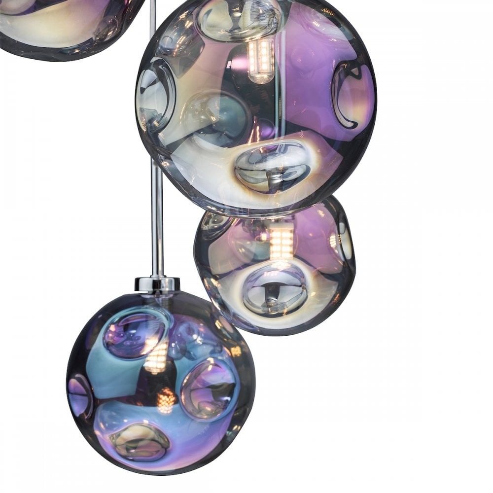 MIR0655 Mira 6 Light Cluster Pendant Polished Chrome Iridised Glass