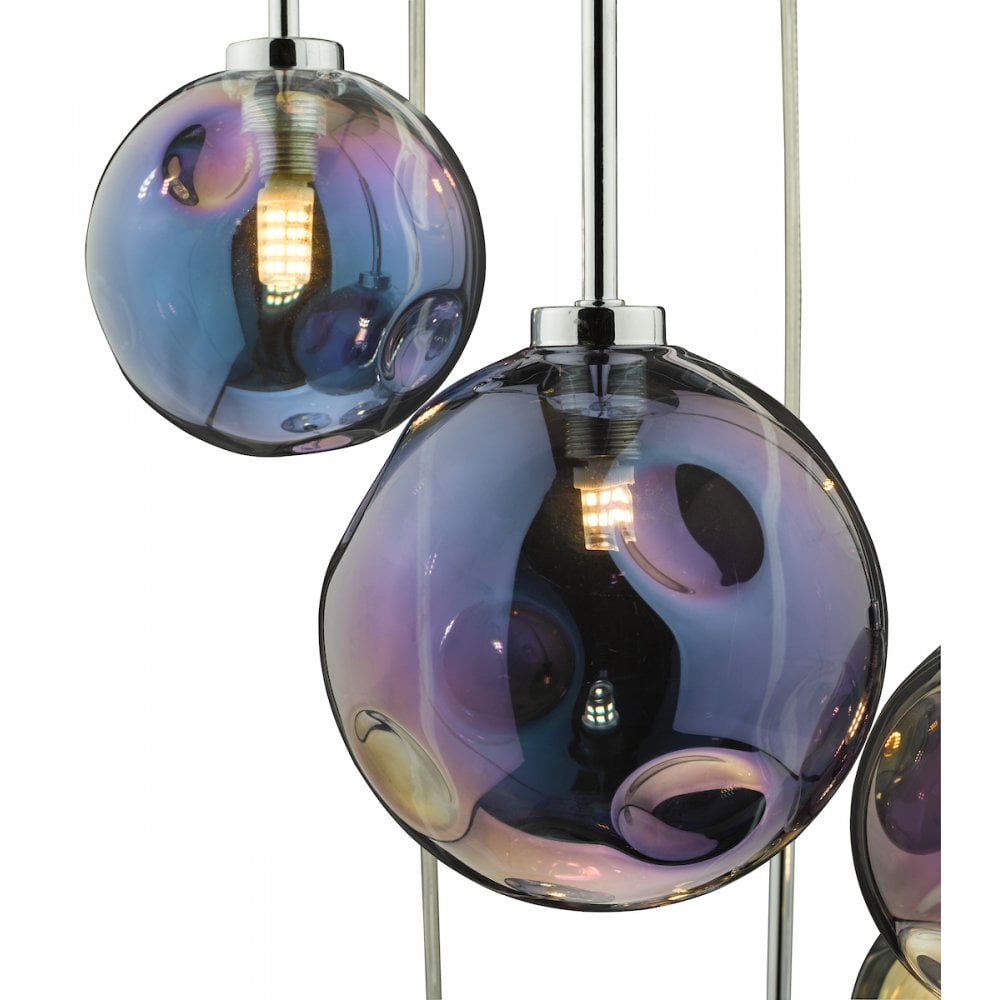 Mira 6 Light Cluster Pendant Polished Chrome Iridised Glass
