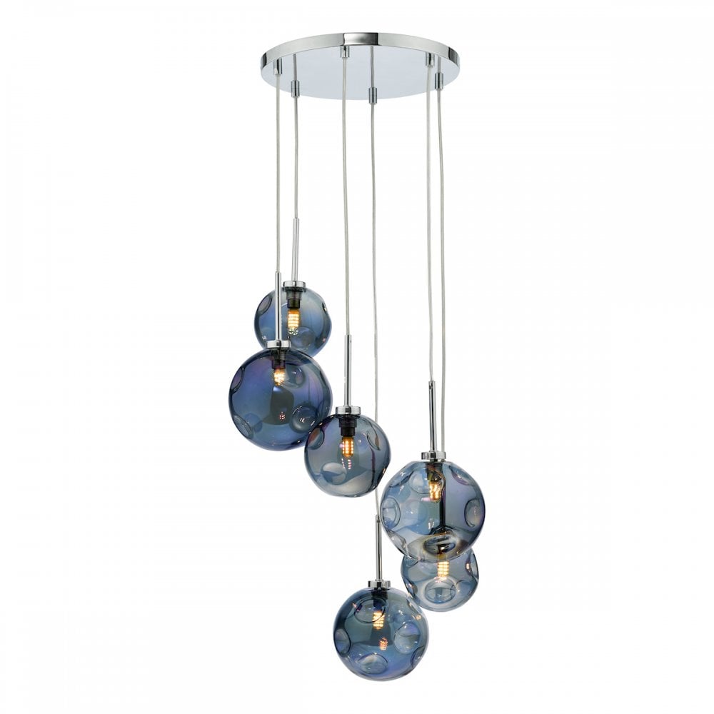 Mira 6 Light Cluster Pendant Polished Chrome Iridised Glass
