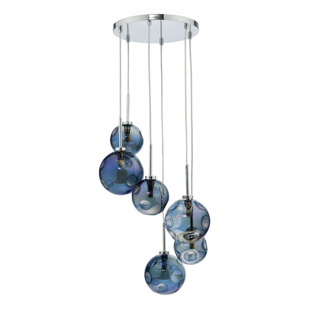 Mira 6 Light Cluster Pendant Polished Chrome Iridised Glass