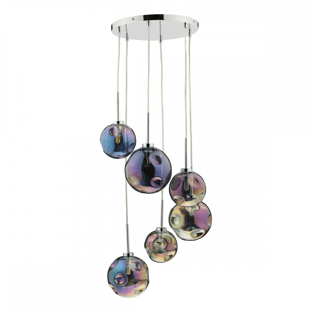 Mira 6 Light Cluster Pendant Polished Chrome Iridised Glass