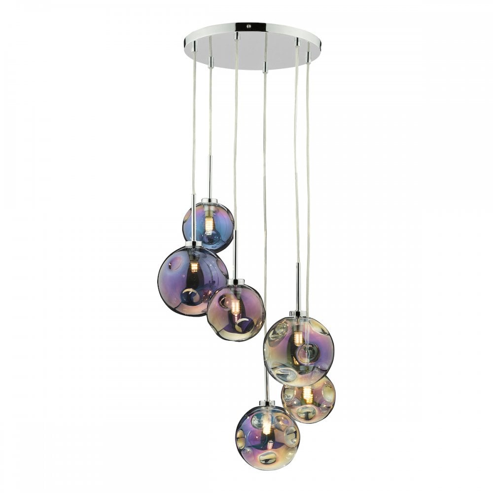 MIR0655 Mira 6 Light Cluster Pendant Polished Chrome Iridised Glass