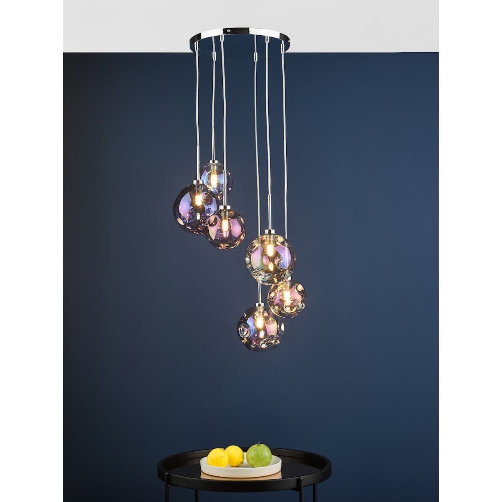 Mira 6 Light Cluster Pendant Polished Chrome Iridised Glass