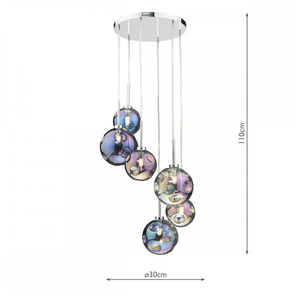 MIR0655 Mira 6 Light Cluster Pendant Polished Chrome Iridised Glass