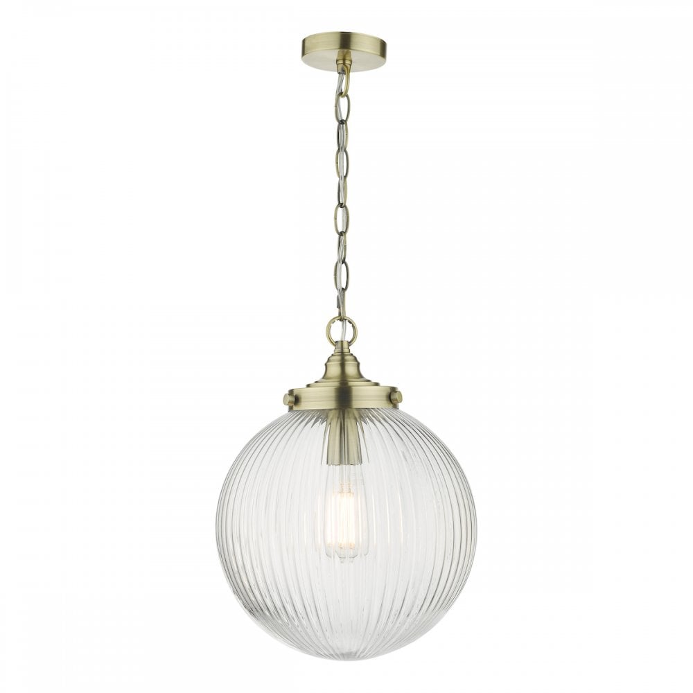TAM0175 Tamara 1 Light Single Pendant Antique Brass Ribbed Glass (S)