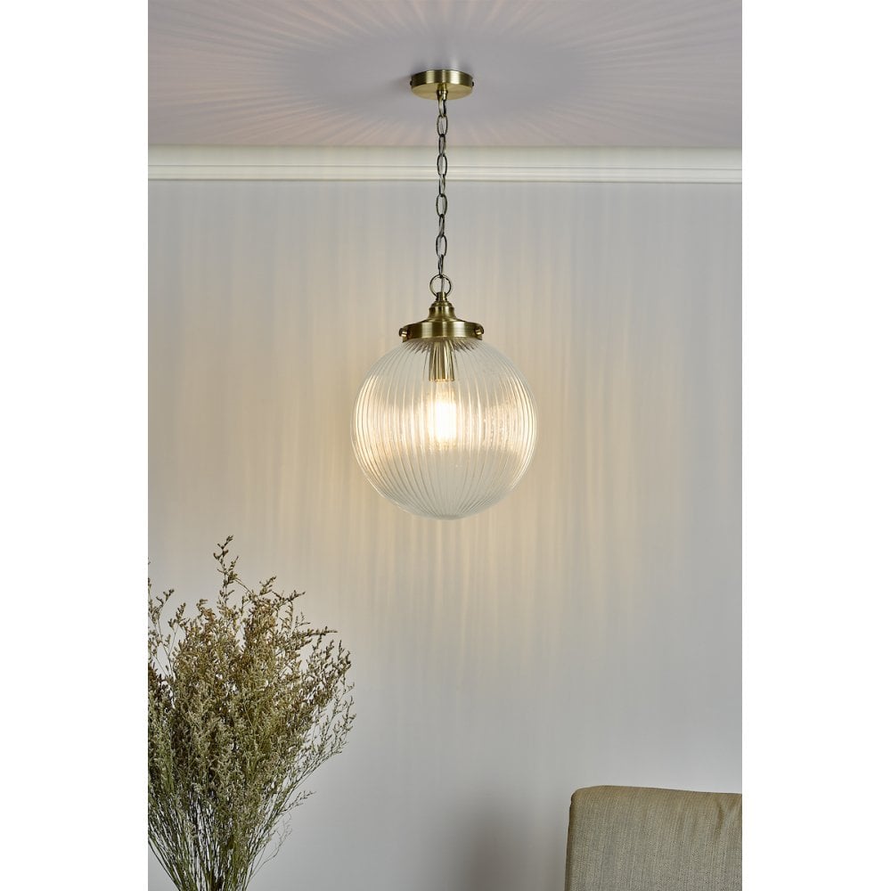 TAM0175 Tamara 1 Light Single Pendant Antique Brass Ribbed Glass