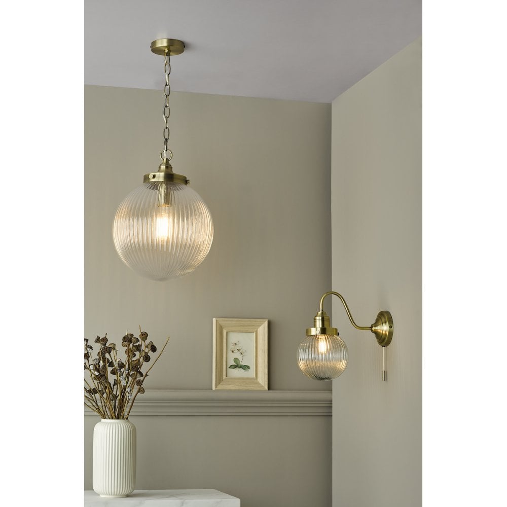 TAM0175 Tamara 1 Light Single Pendant Antique Brass Ribbed Glass (S)