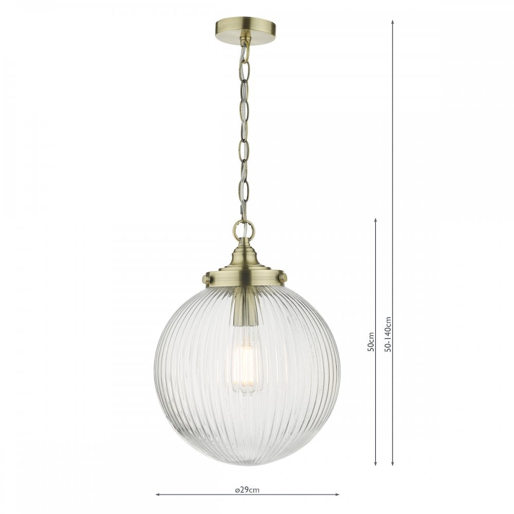 TAM0175 Tamara 1 Light Single Pendant Antique Brass Ribbed Glass (S)
