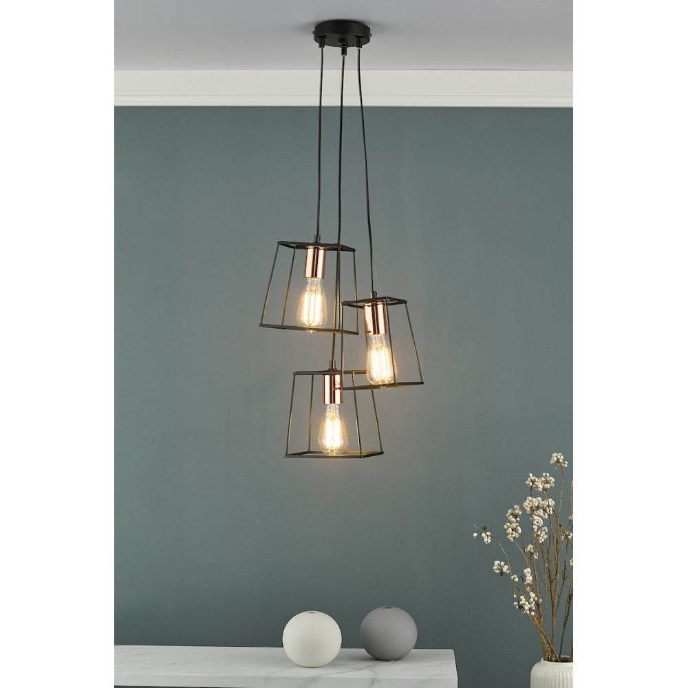 TOW0322 Tower 3 Light Cluster Pendant Black And Copper