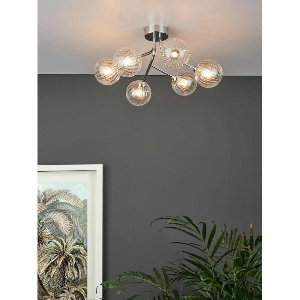 YIS6450 Yiska 6 Light Semi Flush Polished Chrome Ribbed Glass