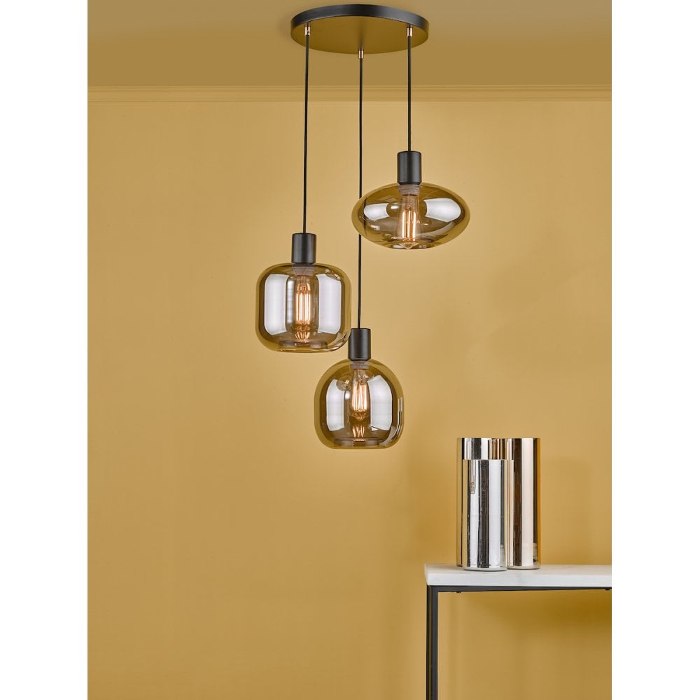 AID0310 Aiden 3 Light Cluster Pendant Satin Black & Smoked