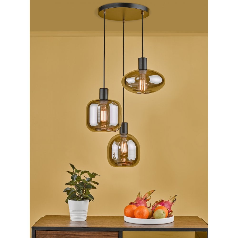 AID0310 Aiden 3 Light Cluster Pendant Satin Black & Smoked