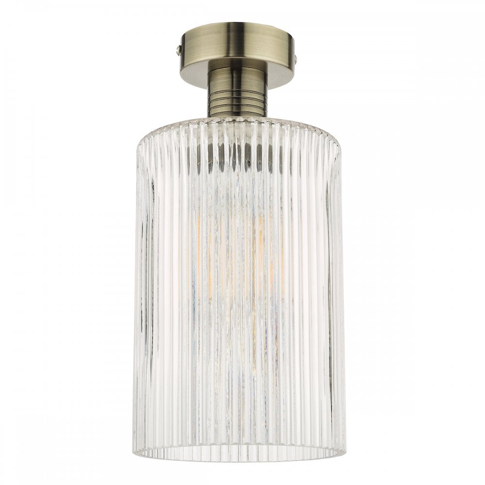 EME4875-E01 Emerson Semi Flush Antique Brass Cylinder Ribbed Glass