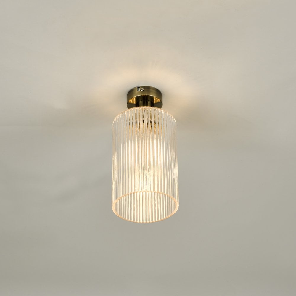 EME4875-E01 Emerson Semi Flush Antique Brass Cylinder Ribbed Glass