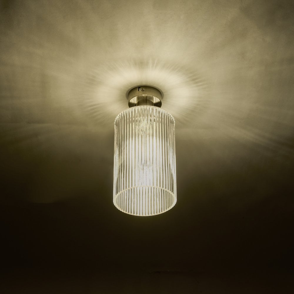 EME4875-E01 Emerson Semi Flush Antique Brass Cylinder Ribbed Glass