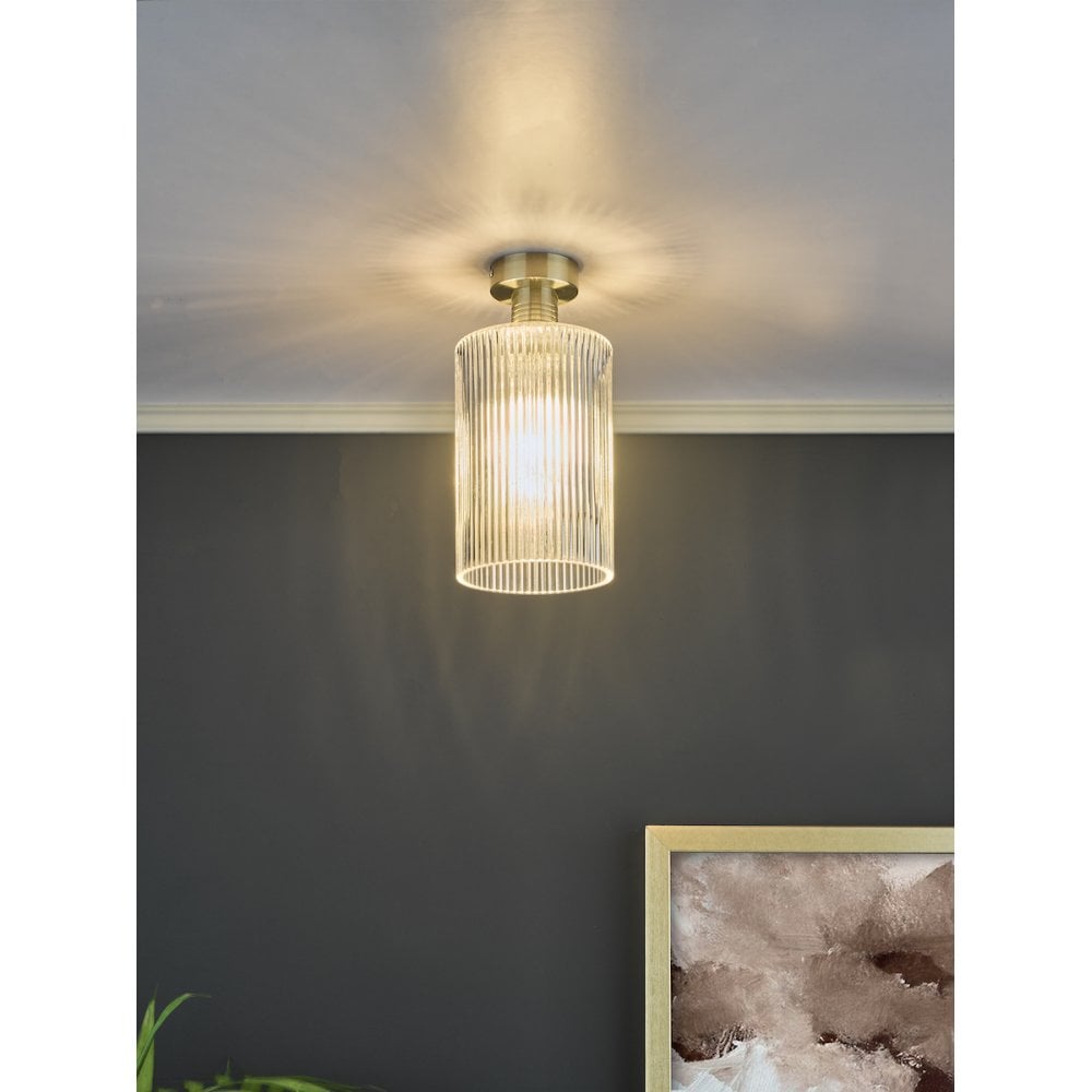 EME4875-E01 Emerson Semi Flush Antique Brass Cylinder Ribbed Glass