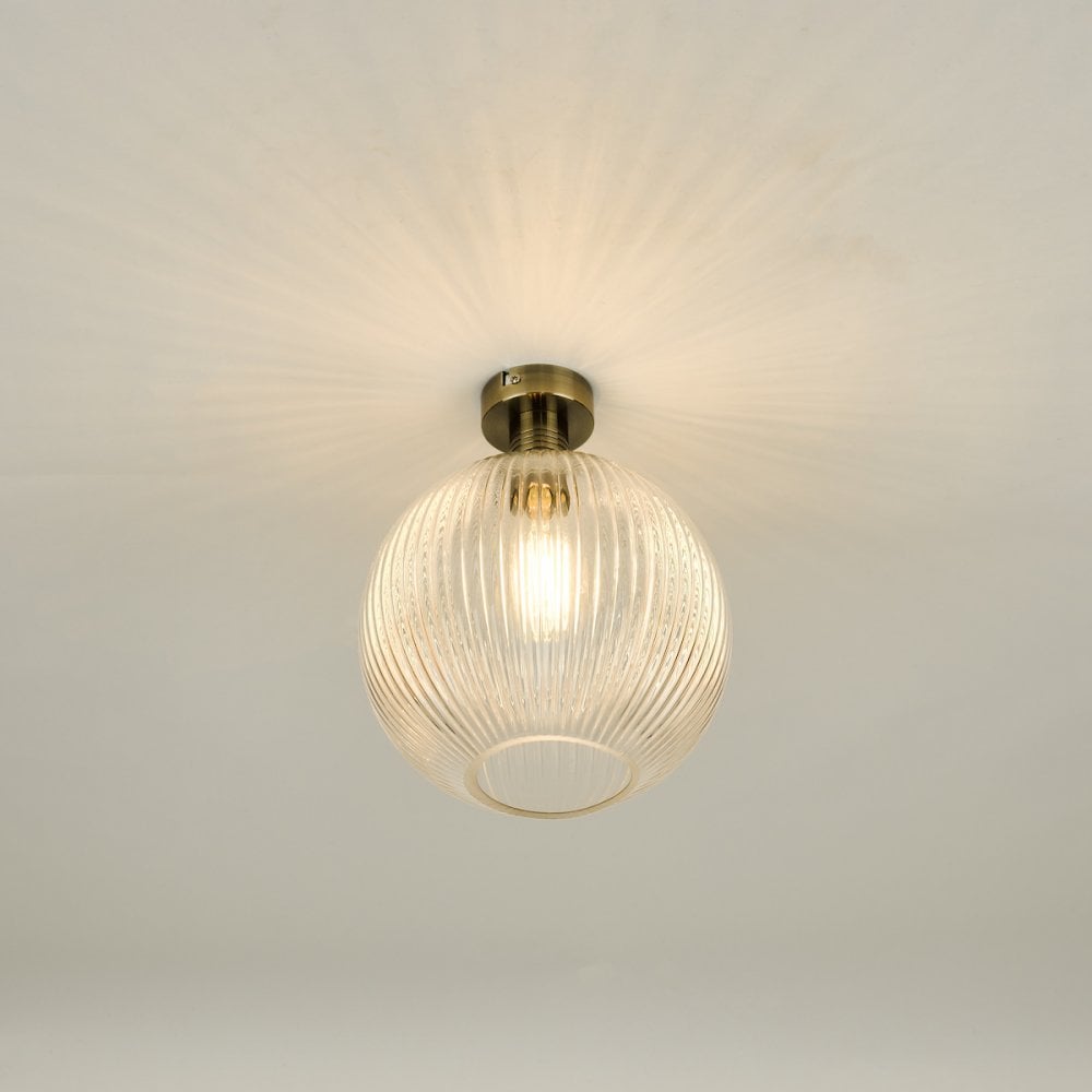 EME4875-E02 Emerson Semi Flush Antique Brass Round Ribbed Glass