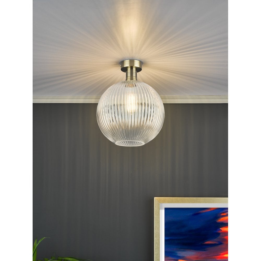 EME4875-E02 Emerson Semi Flush Antique Brass Round Ribbed Glass