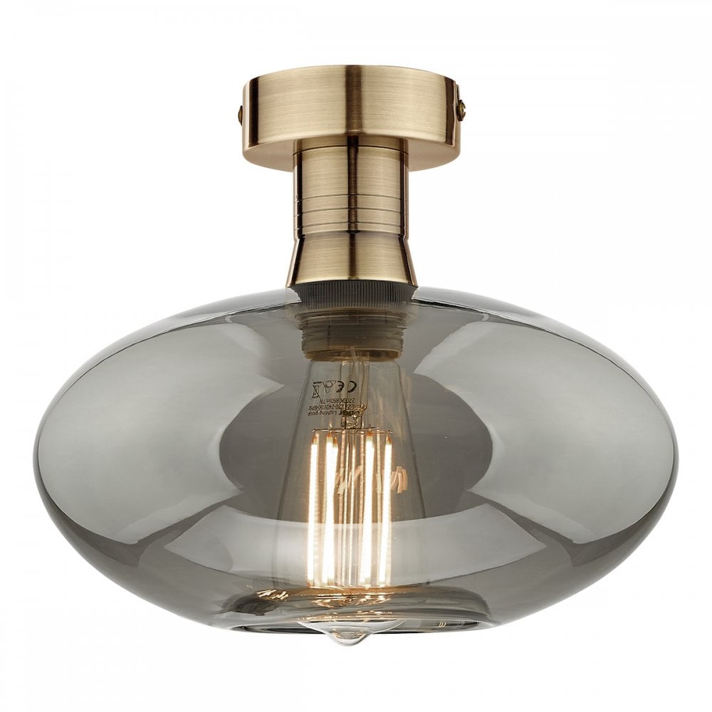 EME4875-E04 Emerson Semi Flush Antique Brass Smoked Glass