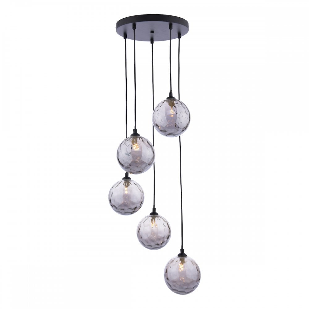 FED0522-10 Federico 5 Light Cluster Pendant Matt Black Smoked Dimpled Glass