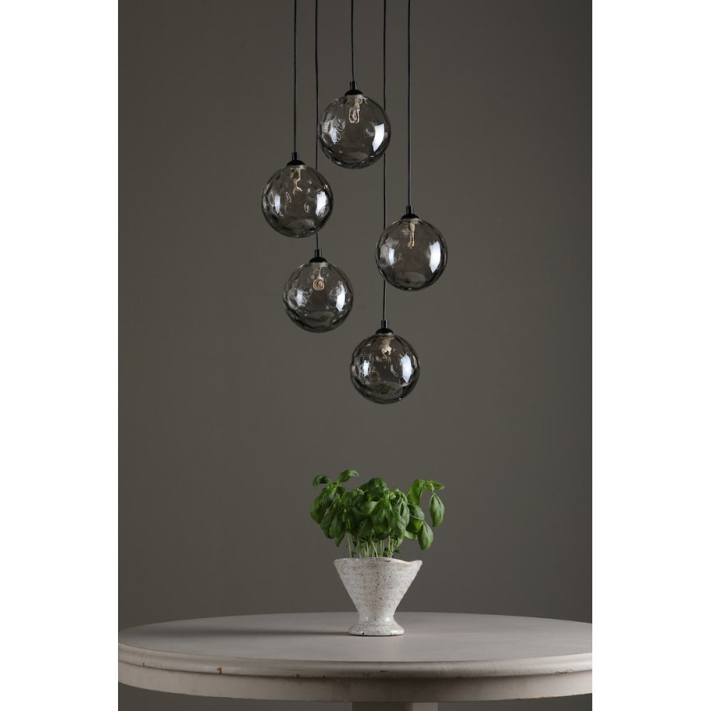 FED0522-10 Federico 5 Light Cluster Pendant Matt Black Smoked Dimpled Glass
