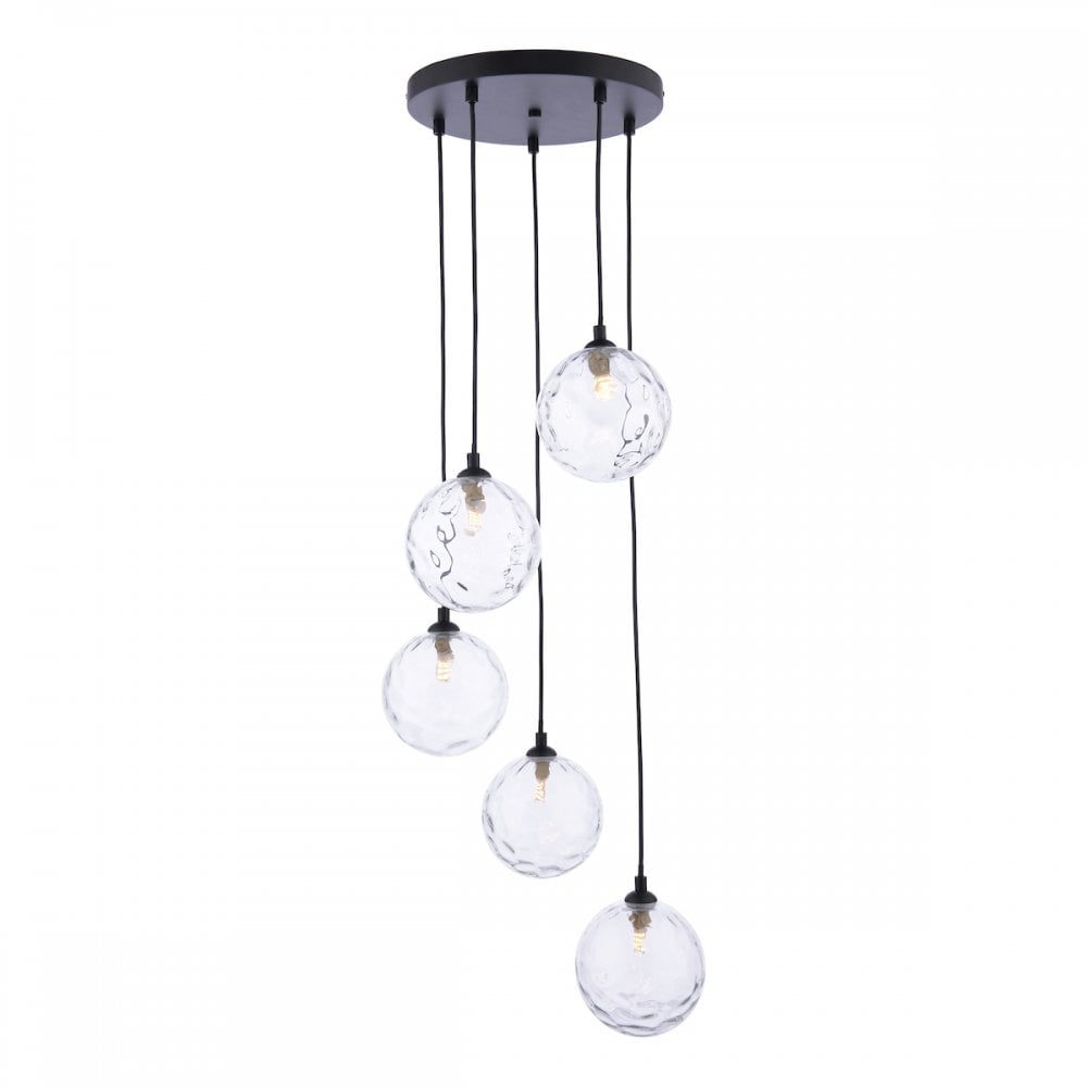 FED0522-12 Federico 5 Light Cluster Pendant Matt Black Clear Dimpled Glass