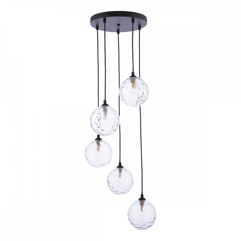 FED0522-12 Federico 5 Light Cluster Pendant Matt Black Clear Dimpled Glass