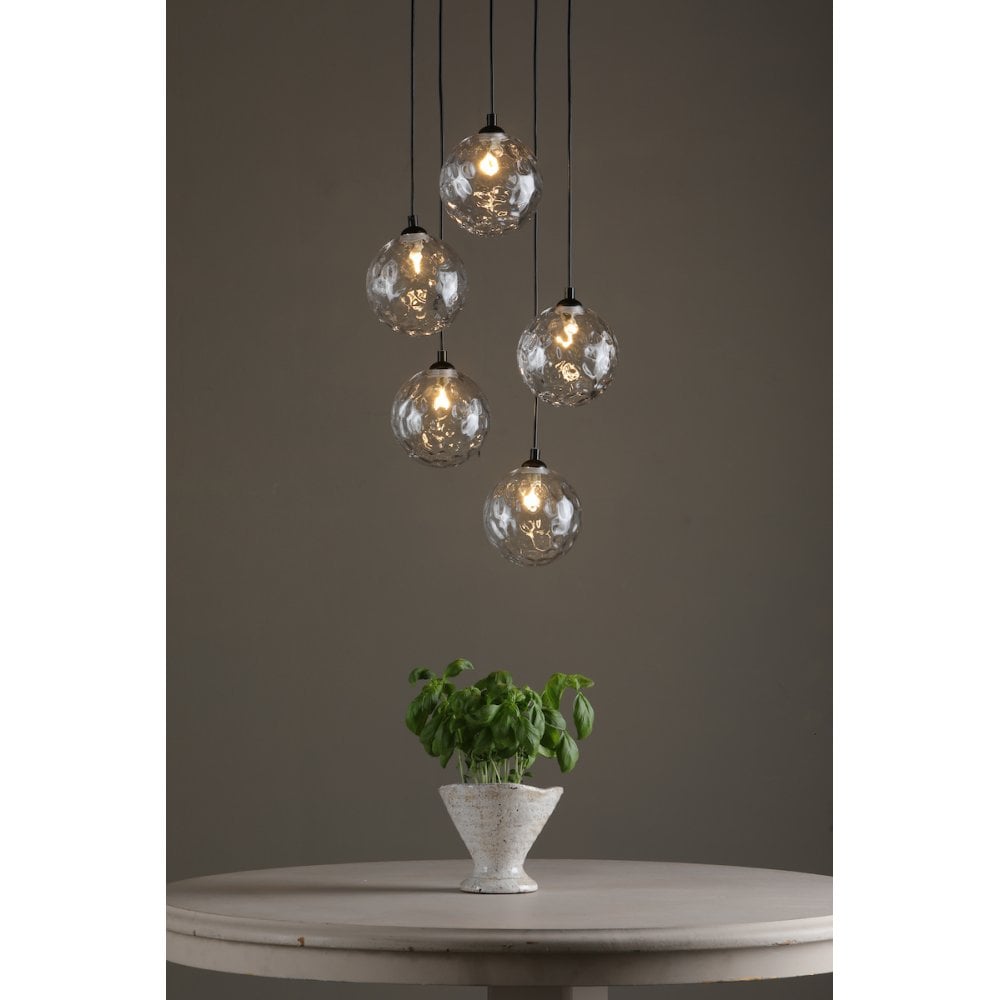 FED0522-12 Federico 5 Light Cluster Pendant Matt Black Clear Dimpled Glass