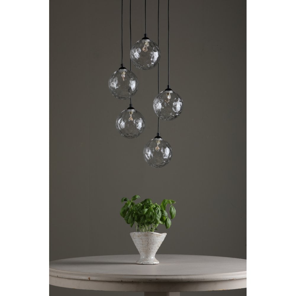 FED0522-12 Federico 5 Light Cluster Pendant Matt Black Clear Dimpled Glass