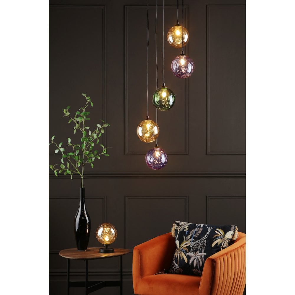 FED0522-MIX Federico 5 Light Cluster Pendant Matt Black Mixed Coloured Glass