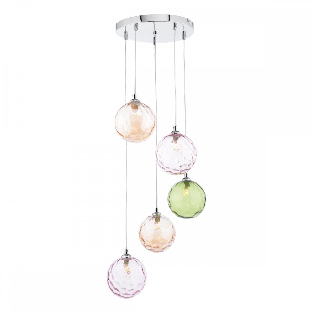 FED0550-MIX Federico 5 Light Cluster Pendant Polished Chrome Mixed Coloured Glass
