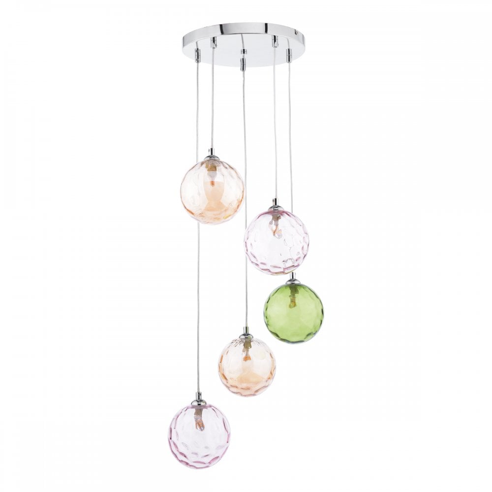 FED0550-MIX Federico 5 Light Cluster Pendant Polished Chrome Mixed Coloured Glass