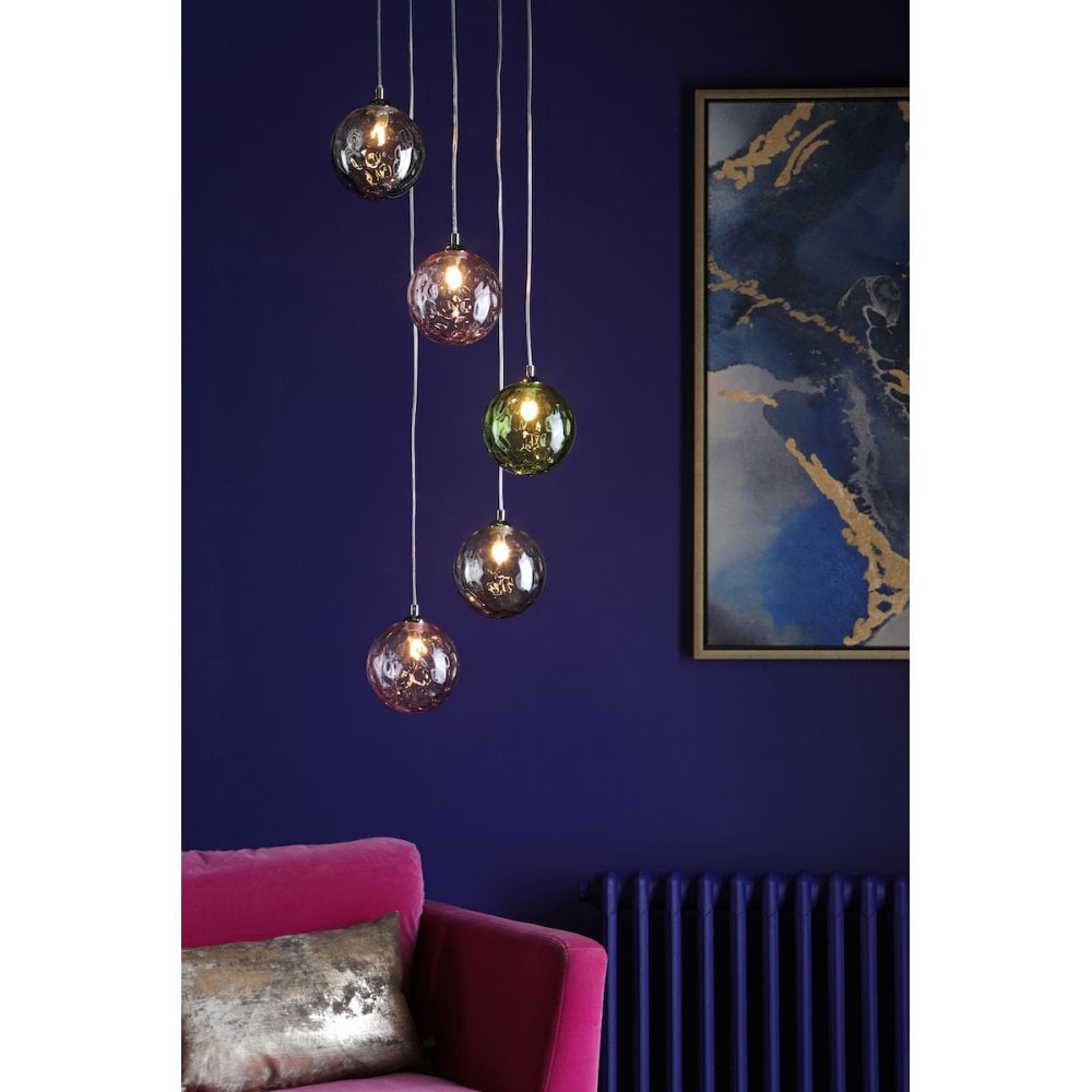 FED0550-MIX Federico 5 Light Cluster Pendant Polished Chrome Mixed Coloured Glass