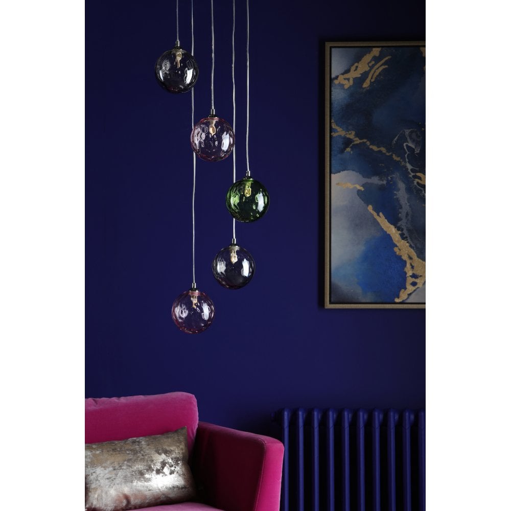 FED0550-MIX Federico 5 Light Cluster Pendant Polished Chrome Mixed Coloured Glass