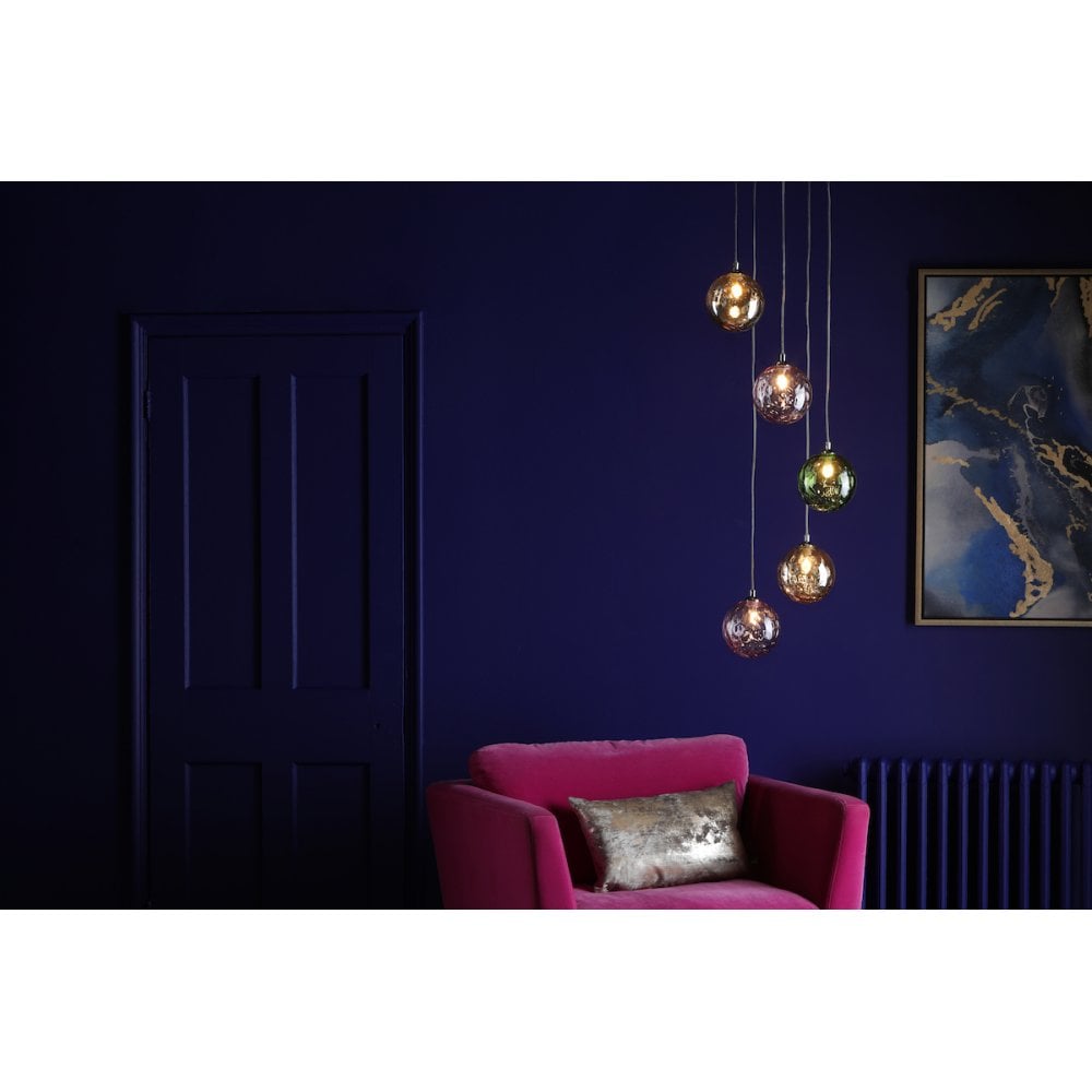 FED0550-MIX Federico 5 Light Cluster Pendant Polished Chrome Mixed Coloured Glass