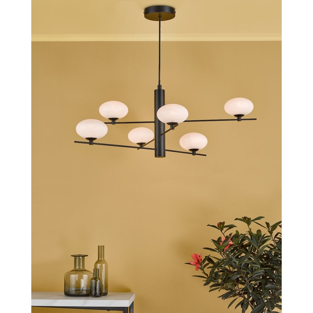 JAS0622 Jasper 6 Light Pendant Matt Black Opal Glass