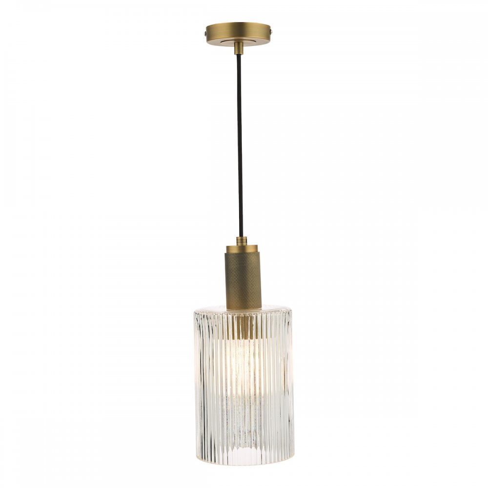 NIK0140-E01 Nikolas Pendant Natural Solid Brass Ribbed Cylinder Glass