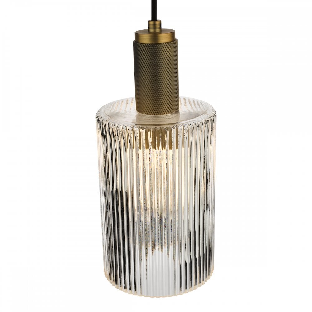 NIK0140-E01 Nikolas Pendant Natural Solid Brass Ribbed Cylinder Glass