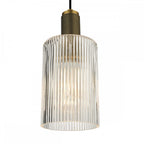 NIK0140-E01 Nikolas Pendant Natural Solid Brass Ribbed Cylinder Glass