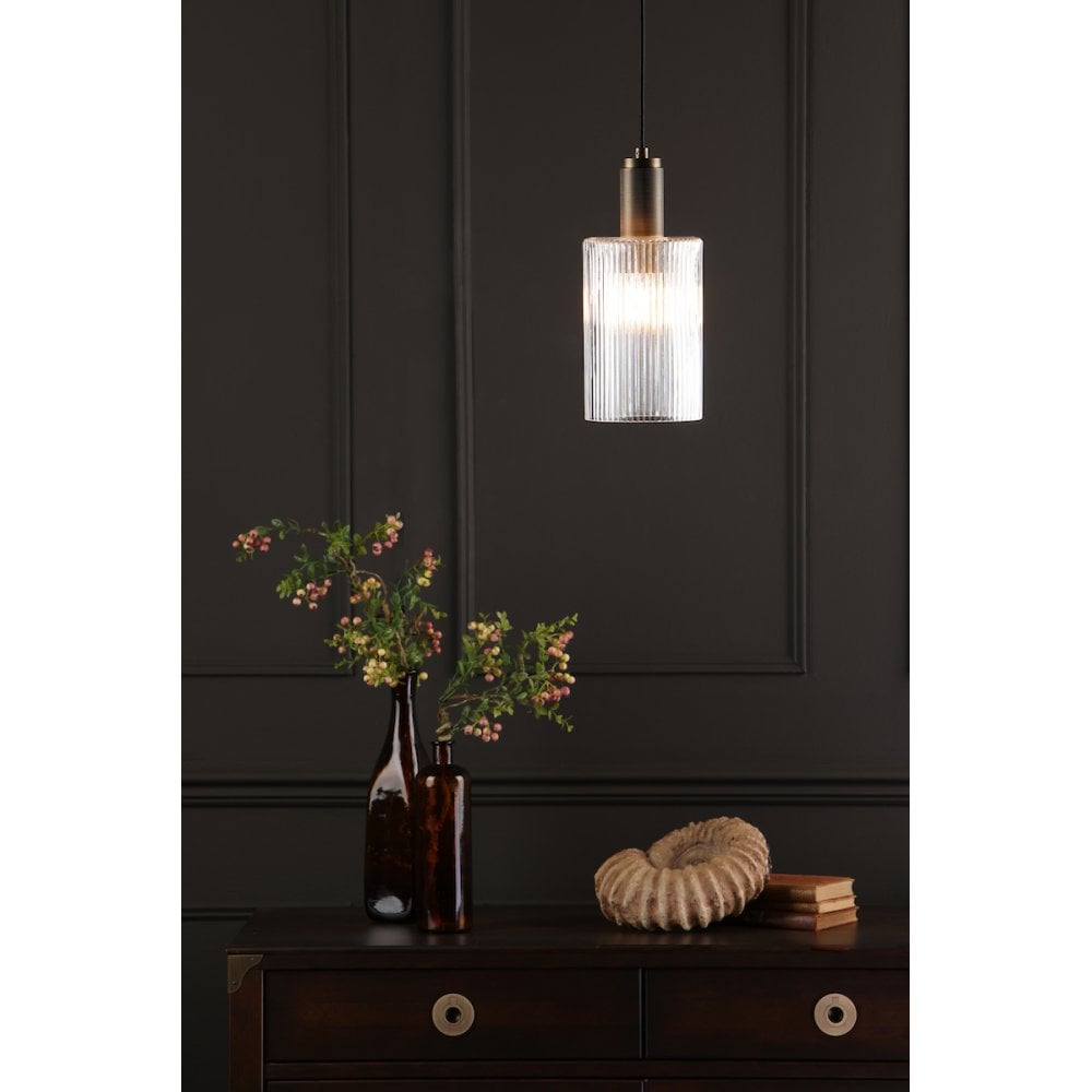NIK0140-E01 Nikolas Pendant Natural Solid Brass Ribbed Cylinder Glass