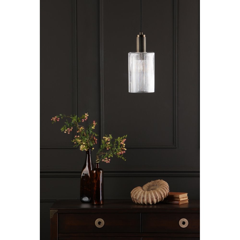 NIK0140-E01 Nikolas Pendant Natural Solid Brass Ribbed Cylinder Glass