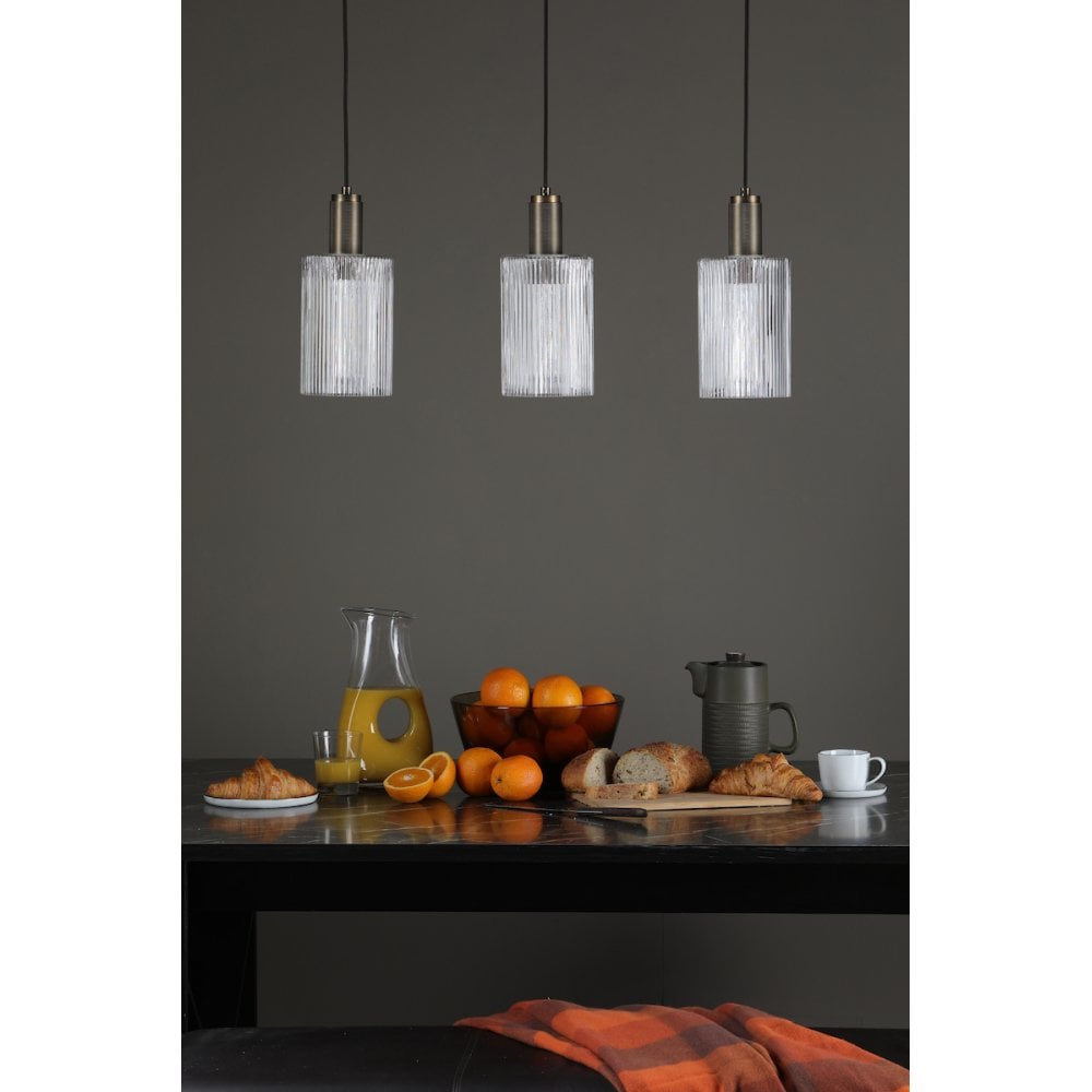 NIK0140-E01 Nikolas Pendant Natural Solid Brass Ribbed Cylinder Glass