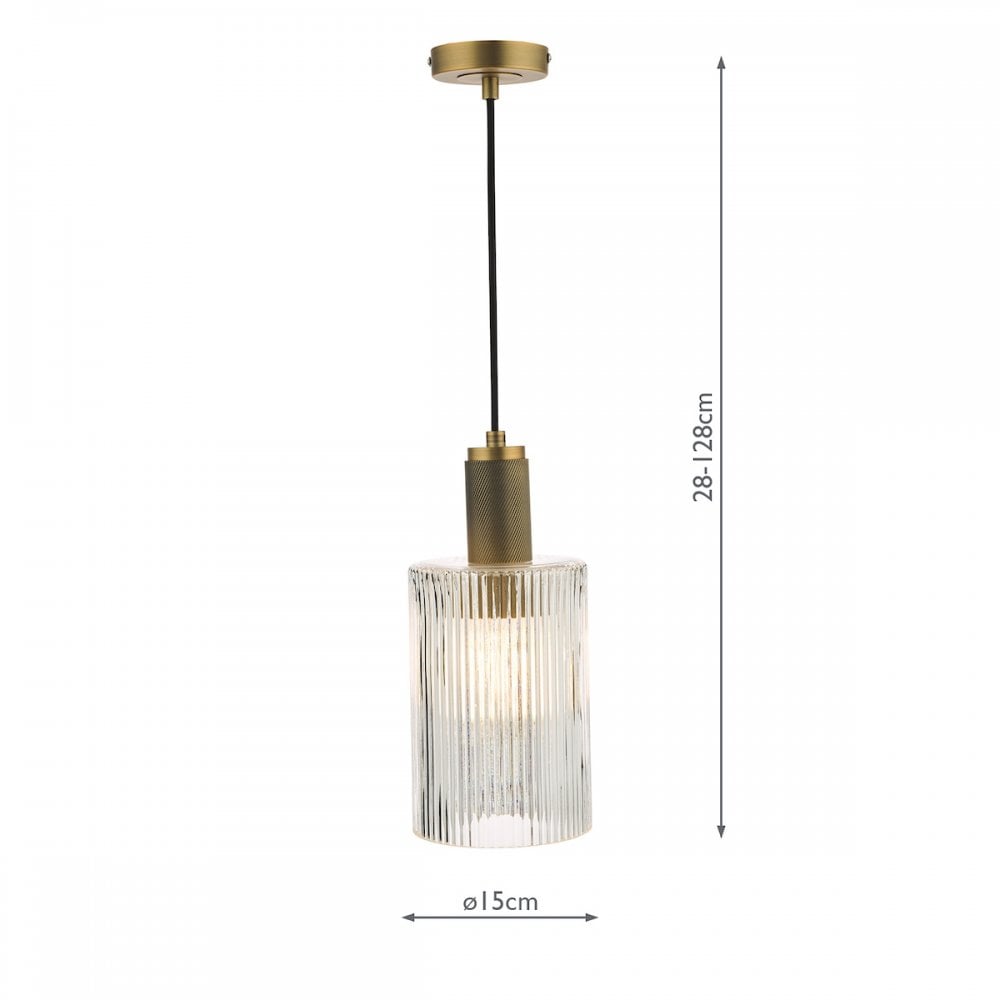NIK0140-E01 Nikolas Pendant Natural Solid Brass Ribbed Cylinder Glass